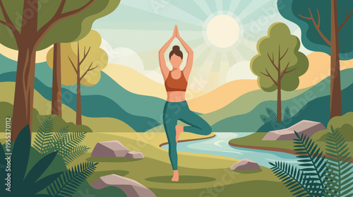 A peaceful yoga practitioner showcases balance and harmony in an idyllic natural setting, surrounded by trees, a river, and warm sunlight streaming down from the sky.