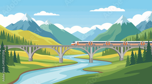 A bright, colorful illustration depicts a train crossing a picturesque bridge nestled between towering mountains, highlighting travel, adventure, and natural beauty.