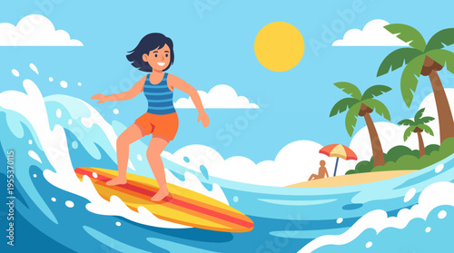 This lively illustration displays a surfer riding the waves under a bright sun, evoking feelings of freedom, adventure, and the joy of summer activities at the beach.