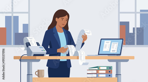 In this professional illustration, a businesswoman reviews financial reports at her desk, showcasing dedication, focus, and the importance of data analysis in the workplace.
