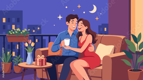 A happy couple shares a warm moment on a cozy couch, surrounded by plants and city lights, celebrating love and connection under a starry night sky.