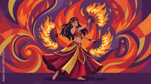 A captivating dancer showcases her skills with fire fans in a vibrant, swirling background, embodying passion and the art of performance in a striking visual display.