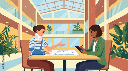 An architect with a bandaged arm discusses architectural plans with a colleague inside a bright, modern space filled with greenery, showcasing collaboration and creativity.