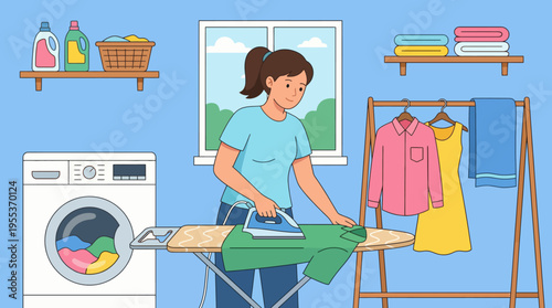 A woman carefully irons a green shirt on an ironing board in a bright laundry room, surrounded by clean clothes and a washing machine.