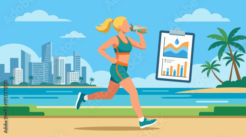 A healthy woman jogs energetically in a bright park, hydrating and enjoying nature, with a scenic city skyline in the background.