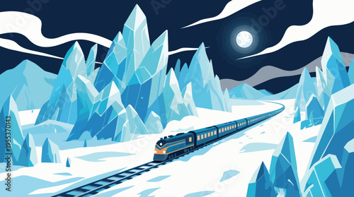 A train travels through majestic icy mountains under a glowing moon, creating a stunning and serene winter landscape.