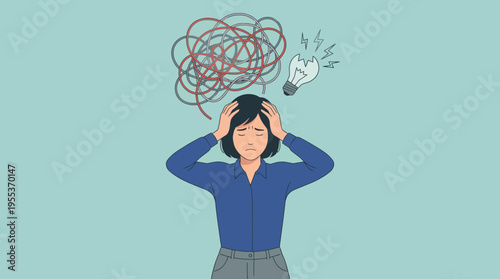 A woman looks distressed as she clutches her head, surrounded by chaotic lines and a lightbulb, representing overwhelming thoughts and stress.