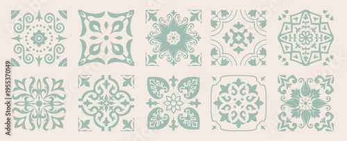 Set of 10 tiles azulejios. Mediterranean tile, seamless patterns. Spanish, Sicilian, Portuguese, Italian traditional ornaments. Set of floral mosaic designs with ethnic motifs. vecto