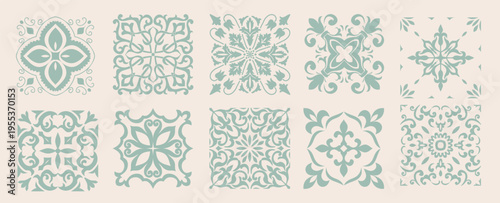 Set of 10 tiles azulejios. Mediterranean tile, seamless patterns. Spanish, Sicilian, Portuguese, Italian traditional ornaments. Set of floral mosaic designs with ethnic motifs. vecto