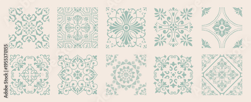 Set of 10 tiles azulejios. Mediterranean tile, seamless patterns. Spanish, Sicilian, Portuguese, Italian traditional ornaments. Set of floral mosaic designs with ethnic motifs. vecto