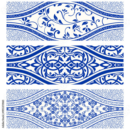 Set of Majolica tiles, blue and white azulejo, original traditional Portuguese and Spain decor. Seamless border with Victorian motifs. Vector illustration.
