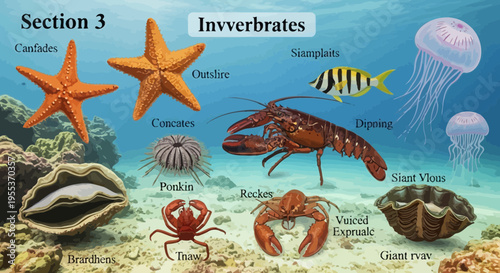 Educational Illustration of Marine Invertebrates in Underwater Habitat