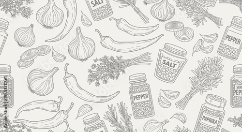 Seamless Pattern of Hand Drawn Spices and Herbs