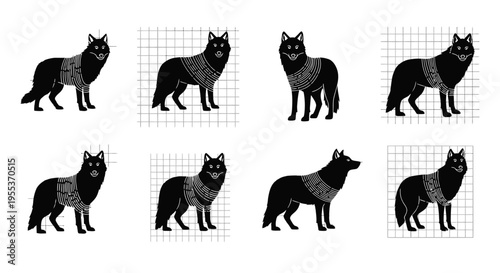 Set of wolf silhouettes with grid backgrounds in various poses and angles showcasing canine wildlife