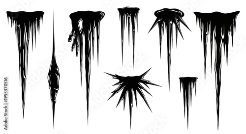 Collection of black grunge ink splatter and drip effects on white background for creative design