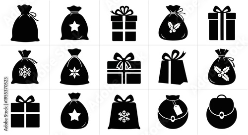 Collection of black christmas gift bags and presents icons with ribbons and bows on white background