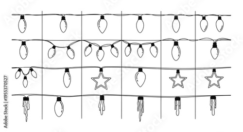 Detailed illustration of string lights with bulbs and stars on a white background festive holiday decoration
