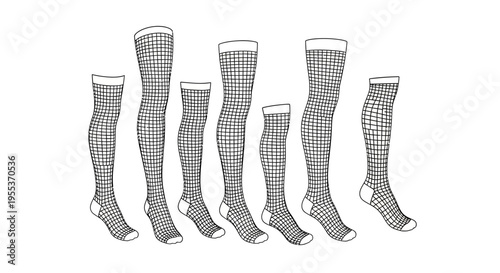 Seven pairs of women's black fishnet stockings in various poses on white background for fashion design