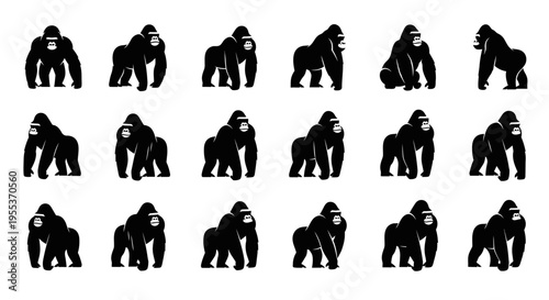 Collection of gorilla silhouettes in various poses on white background for design and illustration