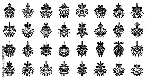Collection of black and white pinecone illustrations with ribbons on a white background