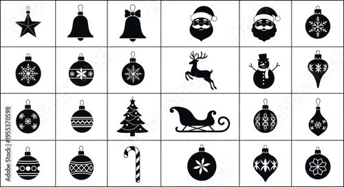 Black and white christmas icons set including ornaments santa reindeer and sleigh on a grid background