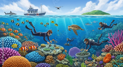 Marine Biologists Restoring Coral Reef Ecosystem Underwater