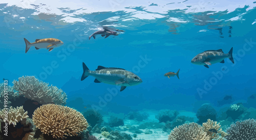 Underwater Coral Reef Scene with Tropical Fish