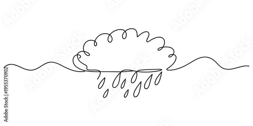 A minimalist single line drawing of a fluffy rain cloud floating above a simple wavy horizon line Vector, illustration