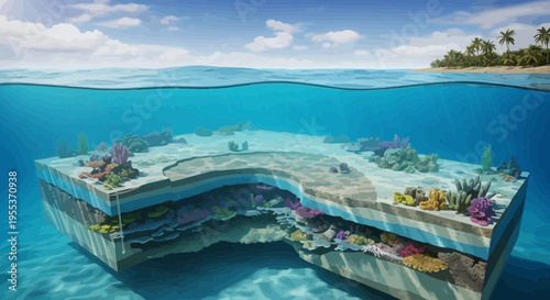 Cross Section of Coral Reef Ecosystem with Marine Life and Underwater Geology