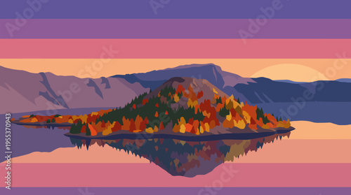 A serene island is showcased in a tranquil lake at sunset, with vibrant autumn colors reflecting on the calm water surface and distant mountains.