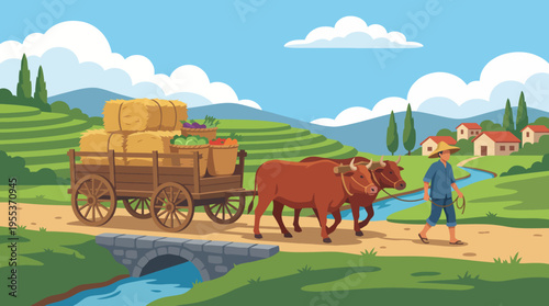 A farmer pulls a cart filled with bountiful crops and hay, led by oxen along a peaceful country road amidst scenic hills and a quaint village.