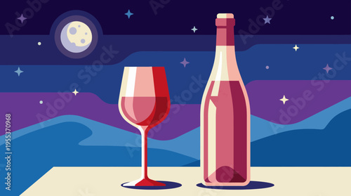 A visually captivating illustration featuring a wine bottle and glass set against a stunning night sky, evoking feelings of relaxation and enjoyment under the soft moonlight.