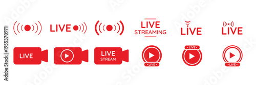 Live streaming video player buttons and broadcast signal symbols set with elevator safety and hygiene guidance vector illustration icons.