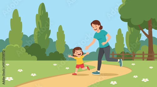 This image captures a heartwarming scene of a mother joyfully running with her child in a sunny park, embodying love, playfulness, and the simple joys of life in nature.