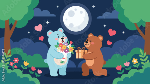 This image illustrates two adorable bears exchanging gifts and flowers under a full moon, exemplifying love, affection, and romance in a picturesque, whimsical setting.