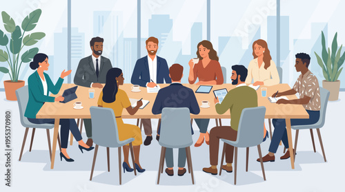 This image features a diverse group of professionals engaged in a business meeting, showcasing collaboration, communication, and teamwork in a modern office environment with technology.