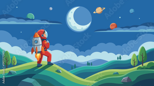 An imaginative illustration showcasing a child-like astronaut standing on green hills, gazing up at a colorful array of planets and stars floating in a bright blue sky.