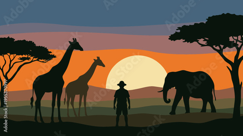 This serene image shows the silhouettes of giraffes and an elephant against a vibrant sunset, conveying peace and the beauty of wildlife in nature's embrace.