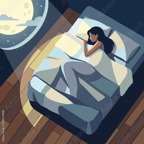 This peaceful illustration features a young woman sleeping in her bed, illuminated by moonlight coming through the window, embodying calmness and serenity at night.