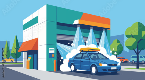 A modern car wash station showing a car being washed with sprayers, highlighting services, cleanliness, and the importance of maintaining personal vehicles in daily life.