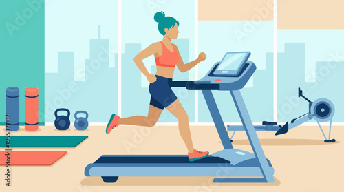 A vibrant illustration of a woman jogging on a treadmill in a bright gym environment, depicting a healthy lifestyle and determination to stay fit and active.
