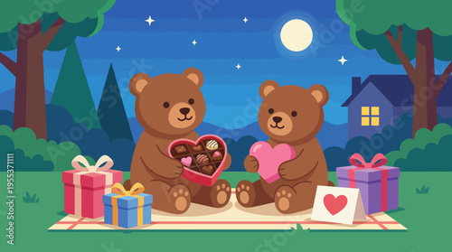 An adorable illustration of two bears having a sweet picnic under a moonlit sky, representing love, companionship, and the joy of sharing special moments.