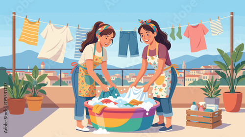 Two friends enjoying a sunny day while doing laundry in a colorful setting on a balcony, symbolizing friendship and everyday life tasks made fun and joyful.