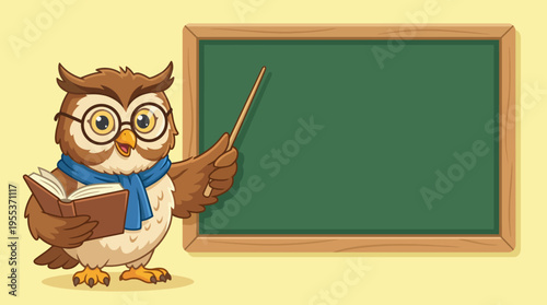 A charming illustration of an owl in glasses holding a book and pointing at a chalkboard, symbolizing wisdom, education, and the joy of learning in a playful manner.