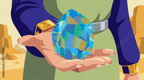 A captivating image showcasing a hand holding a brilliantly colored gem against a desert backdrop, symbolizing rarity, beauty, and the allure of precious possessions.