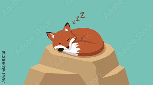 A serene illustration of a curled-up fox peacefully sleeping on a rock, representing tranquility, comfort, and the beauty of nature in a whimsical style.