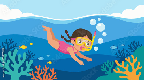 A young girl happily snorkels underwater, surrounded by vibrant coral reefs and playful fish, showcasing the joy of exploration and connection with nature in the ocean.