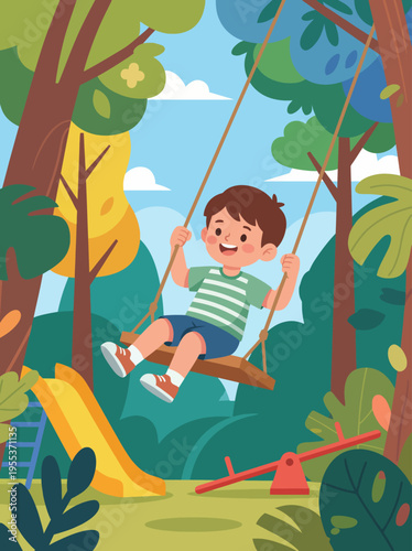 A cheerful boy swings happily amidst lush greenery in a vibrant playground, encouraging feelings of joy, freedom, and the beauty of childhood experiences in nature.