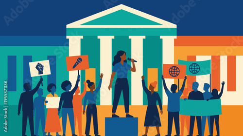 A diverse group of activists passionately protesting outside a historic building, advocating for change and showcasing the importance of social awareness and democratic participation.
