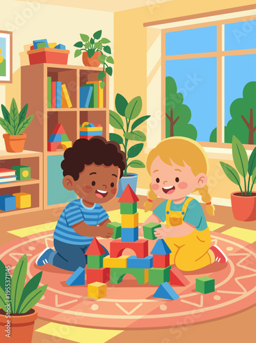 Two cheerful children collaborate joyfully to build a colorful block castle in a bright indoor setting, showcasing creativity and friendship through play.